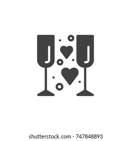 Champagne glasses with heart icon vector, filled flat sign, solid pictogram isolated on white. Love and valentine's day symbol, logo illustration.