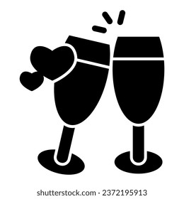 Champagne glasses with heart solid icon, valentine day concept, two glasses of drink sign on white background, toast to love icon in glyph style for mobile concept. Vector graphics