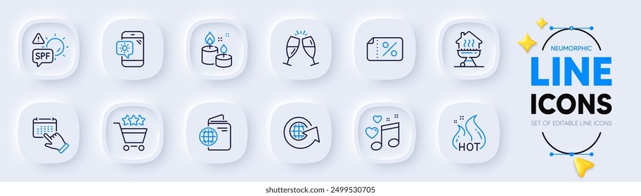 Champagne glasses, Home grill and Event click line icons for web app. Pack of Discount banner, Weather phone, Travel passport pictogram icons. Spf protection, Aroma candle. Neumorphic buttons. Vector