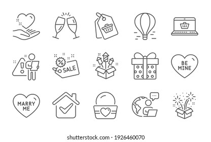 Champagne glasses, Ice cream and Be mine line icons set. Sale, Marry me and Fireworks signs. Fireworks rocket, Sale tag and Hold heart symbols. Online shopping, Air balloon and Gift box. Vector