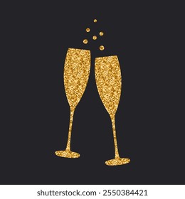 Champagne glasses icon in gold glitter texture. Sparkle luxury style illustration for postcard, greeting card decoration