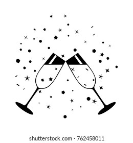 Champagne glasses icon. Golden bubbles of air, a festive toast, a reason for joy. Flat vector cartoon illustration. Objects isolated on white background.