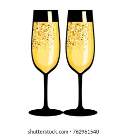 Champagne glasses icon. Golden bubbles of air, a festive toast, a reason for joy. Flat vector cartoon illustration. Objects isolated on white background.