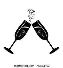 Champagne glasses icon. Golden bubbles of air, a festive toast, a reason for joy. Flat vector cartoon illustration. Objects isolated on white background.