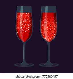 Champagne glasses icon. Red bubbles of air, a festive toast, a reason for joy. Flat vector cartoon illustration. Objects isolated on black background.