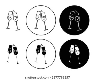 Champagne glasses icon set. Two cocktail party cheers glasses vector symbol. Wine glasses icon in black color for ui designs.