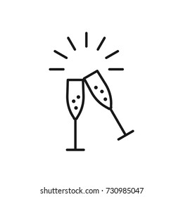 Champagne Glasses Icons. Wedding toasting, Wine glasses. Line thin icon, Vector flat illustration