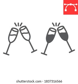 Champagne glasses line and glyph icon, merry christmas and toast, two glasses of champagne sign vector graphics, editable stroke linear icon, eps 10