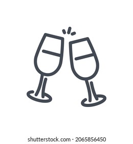 Icono de la línea de gafas de champán. Dos vasos de señal de contorno del vector del champán.