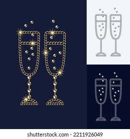 Champagne glasses made of jewelry gold chain, shiny ball beads Elegant illustration for holidays, Xmas, new year, party, birthday, significant events decoration Monochrome black and white version