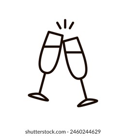Champagne glasses make cheers outline icon. Celebration, party, holiday symbol. Editable stroke. Isolated vector illustration 