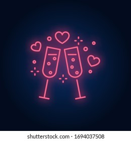 Champagne glasses neon sign. Glowing glasses with sparkles and hearts on brick wall background. Vector illustration can be used for romantic, love, dinner, dating