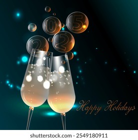 Champagne glasses on dark glamorous background and numbers 2025
Elegant greeting card, happy holidays.