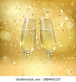 champagne glasses on gold background with gold confetti