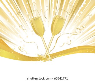 Champagne glasses on light burst and banner ribbon with white copy space below