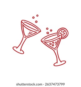 Champagne glasses on stem. Cocktail with citrus fruit lemon or lime. Festive beverage in goblet. Whimsical clipart. Hand drawn decorative element for holiday party invitation. Vector illustration