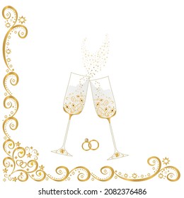 Champagne glasses with ornaments. Corner border with rings, hearts, floral elements. Gold wedding celebration. The idea of ​​registration and design of wedding invitations, cards, celebrations, prints