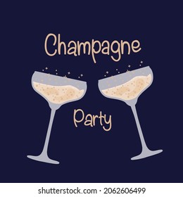 Champagne glasses for a party. Retro Party Festival on a dark background. Beautiful wine glasses with cocktail and alcoholic beverages. Vector illustration