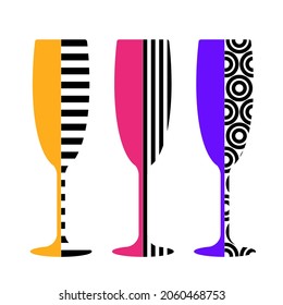 Champagne glasses in pop art style. Set of three flutes. Poster graphic design. Vector