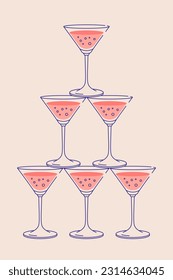 Champagne glasses pyramid. Sparkling wine postcard for web and print. Party invitation with glass tower line art vector illustration.