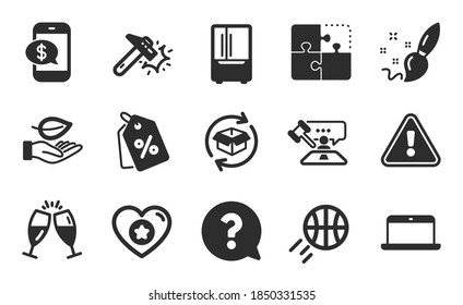 Champagne glasses, Return parcel and Heart icons simple set. Hammer blow, Discount tags and Refrigerator signs. Phone payment, Question mark and Puzzle symbols. Flat icons set. Vector