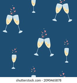 Champagne glasses seamless pattern. Celebration background with champagne glasses, hearts and bubbles. Perfect for wallpaper, textile, wrapping paper. Christmas, Birthday and Valentine day. Vector