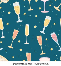 Champagne glasses seamless pattern. Party drinks, stars and dots vector background. Festive sparkle wine birthday, anniversary, new year print template