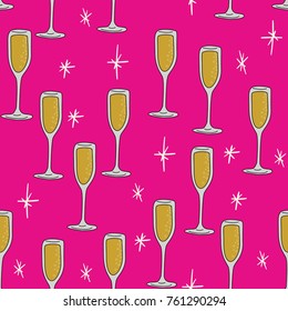 Champagne glasses seamless pink background. Flat design retro style, with white star bursts. Concept for New years eve parties