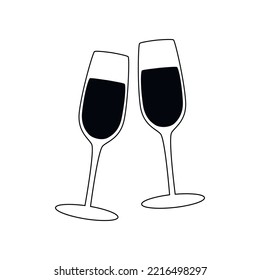 Champagne glasses set vector flat drawing illustration. Hand drawn linear silhouette icon. Minimal design element for print, banner, card, wall art poster, brochure, postcard.