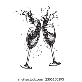 Champagne glasses sketch, hand drawn illustrations. Vector 