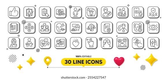 Champagne glasses, Social media and Like line icons pack. 3d design elements. Video conference, Brand, Cyber attack web icon. Job interview, Checklist, Social distance pictogram. Fist bump. Vector