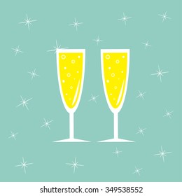 Champagne glasses with sparkles. Greeting Card. Blue background.  Flat design. Vector illustration