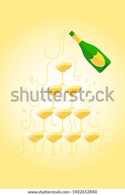 Champagne glasses\
standing in a tower.  Pyramid of glasses of wine. Vector\
illustration for card or\
poster.