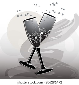 Champagne glasses stylized vector with floral design.A Toast. Eps10