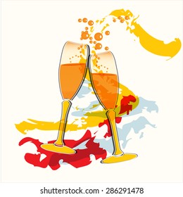 Champagne glasses stylized vector in painting style. Eps10