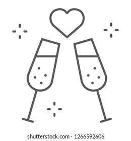 Champagne glasses thin line icon, celebrating and toast, sparkling goblets sign, vector graphics, a linear pattern on a white background, eps 10.