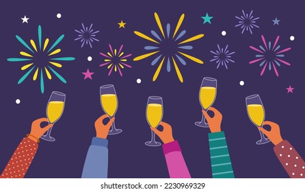 Champagne glasses toast celebration party in flat design. Wine drink.