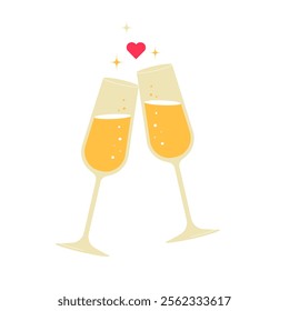 Champagne Glasses Toasting In Flat Vector Illustration Symbolizing Celebration, Love, And Festive Cheer, Isolated On White Background.