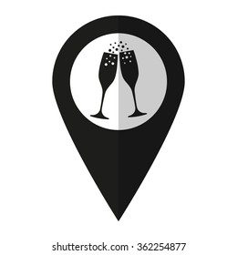 Champagne glasses - vector icon;  black map pointer