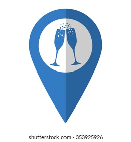 Champagne glasses - vector icon; blue map  pointer