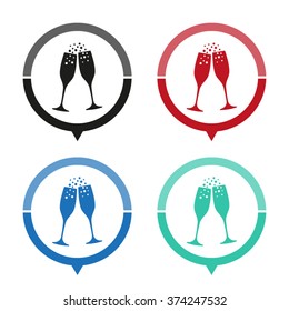 Champagne glasses - vector icon; map pointer;  message bubble