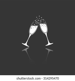 champagne glasses vector icon with mirror reflection