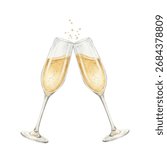 Champagne glasses vector illustration. Restaurant glassware. Bubbly in glass. Champagne glasses watercolor-style cheers clipart, fizzy champaign in goblet. Birthday or New Year toast concept