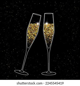 Champagne glasses vector illustration. Restaurant glassware. Bubbly in glass. Champagne glasses flat icons, fizzy champaign in goblet. Holiday gold glitter confetti. Birthday toast concept