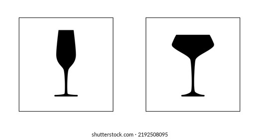 Champagne glasses. Vector illustration. Wine glass saucer, flute glass. Black silhouettes isolated on a white background.