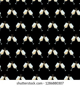 Champagne glasses vector seamless pattern on black background for wallpaper, wrapping, packing, and backdrop.