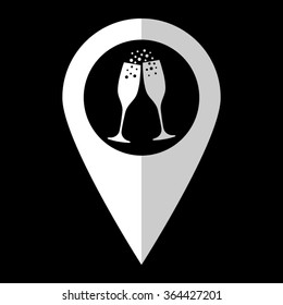 Champagne glasses - white vector icon;  map pointer