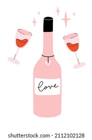 Champagne and glasses, wine and wineglasses illustration. Stylish Valentine's day greeting card, poster concept in pink and red colors. Fun and cool design. Hand drawn doodle cartoon style.