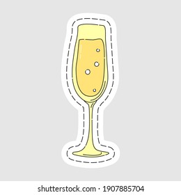 Champagne glassware as a sticker. Cartoon sketch graphic design. Doodle style. Colored hand drawn image. Party drink concept for restaurant, cafe, party. Freehand drawing style. Vector.
