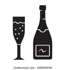 Champagne glyph icon. Uncorked bottle and flute glass of sparkling wine. Bubbly beverage. Champaign. Anniversary, birthday drink. Silhouette symbol. Negative space. Vector isolated illustration